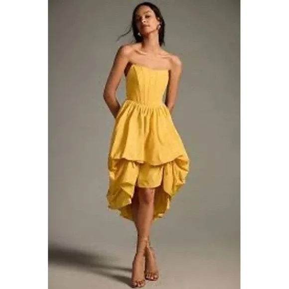 Anthropologie Yellow Strapless Ruched Hi-Low Corset Gown Size M Wedding Guest - Picture 2 of 7